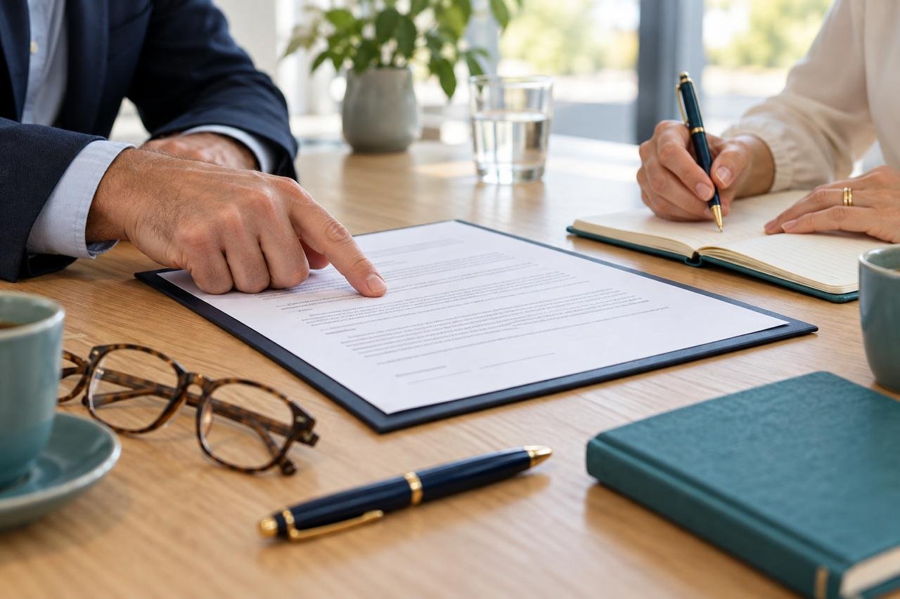 Business partners examine financial information with a neutral mediator.
